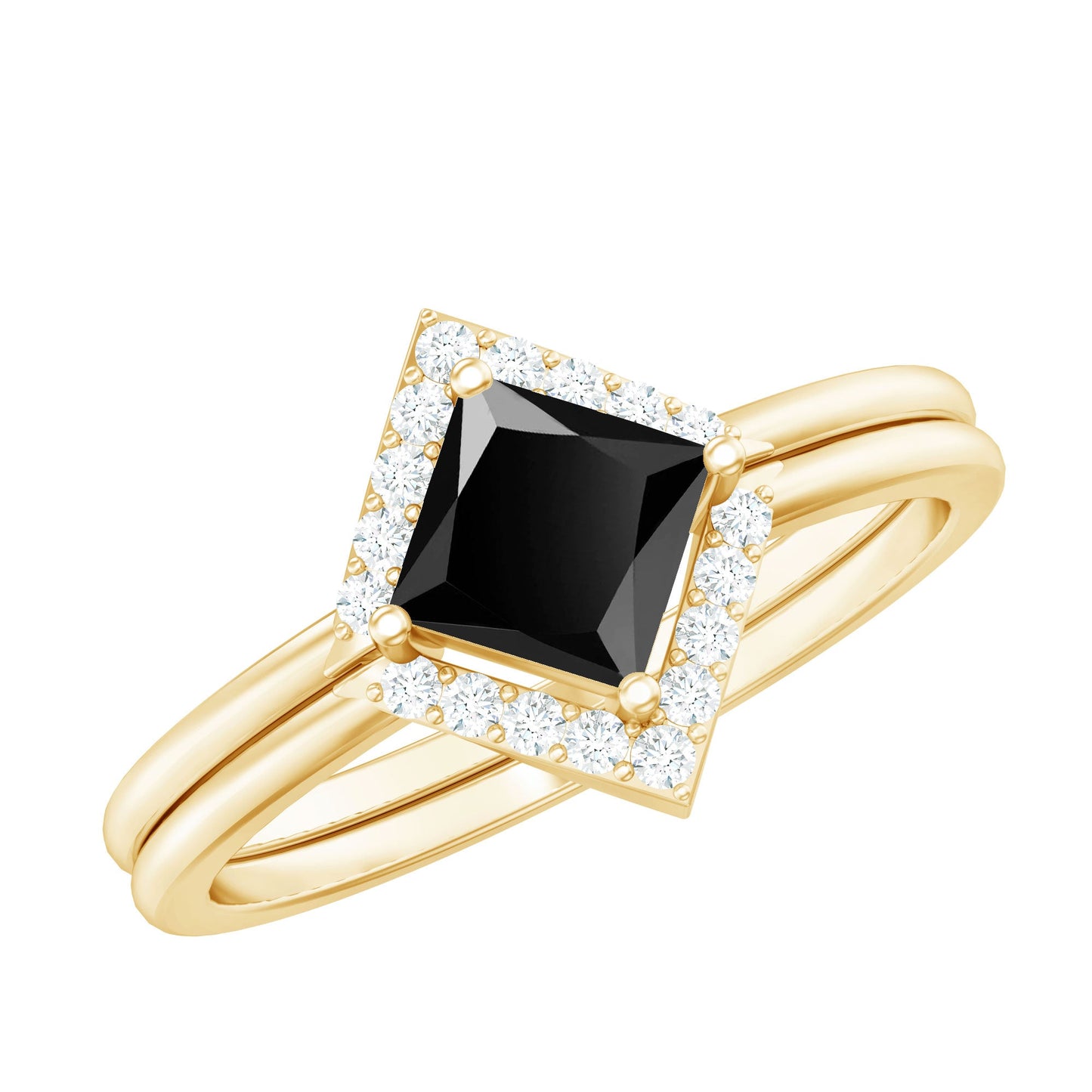 Real Black Onyx and Diamond Princess Cut Engagement Ring With Ring Guard