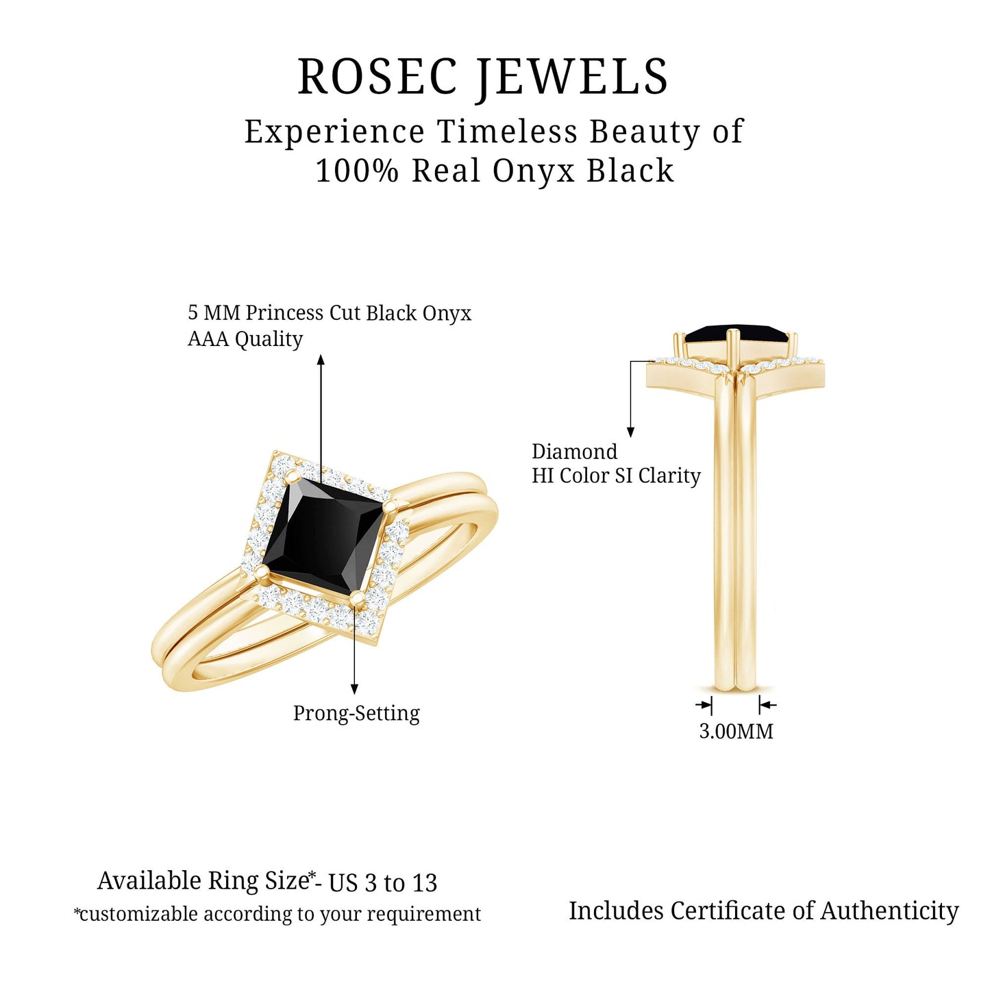 Real Black Onyx and Diamond Princess Cut Engagement Ring With Ring Guard