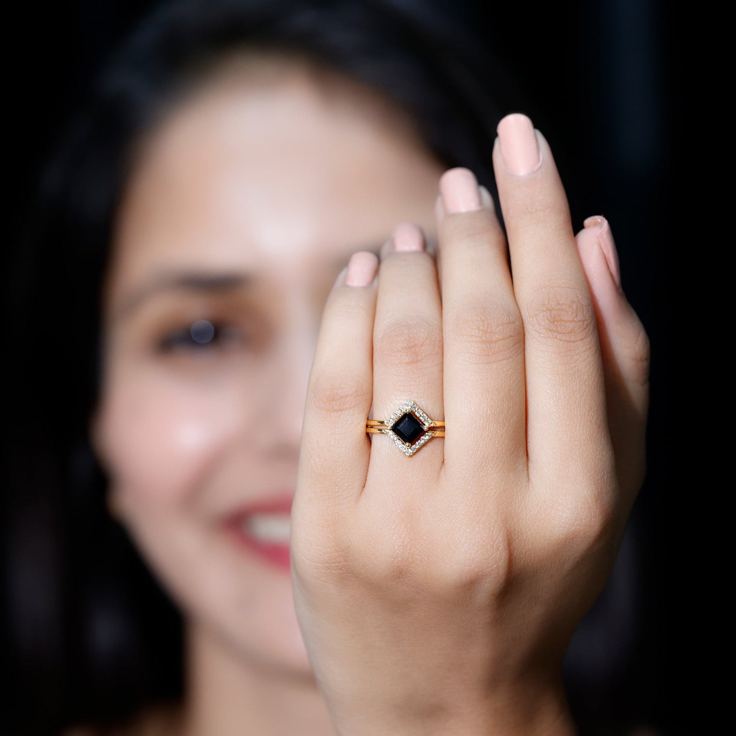 Real Black Onyx and Diamond Princess Cut Engagement Ring With Ring Guard