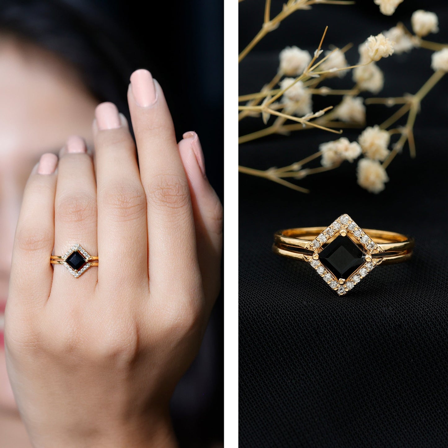 Real Black Onyx and Diamond Princess Cut Engagement Ring With Ring Guard