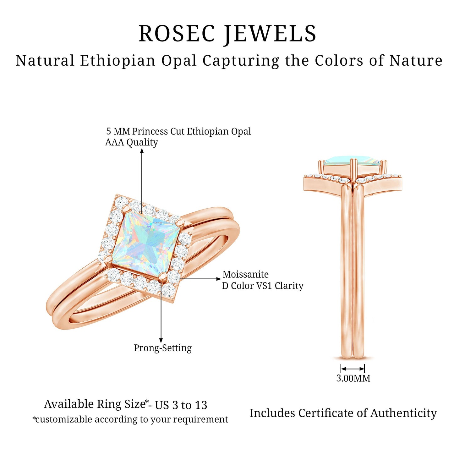 Natural Princess Cut Ethiopian Opal Engagement Ring with Diamond Enhancer
