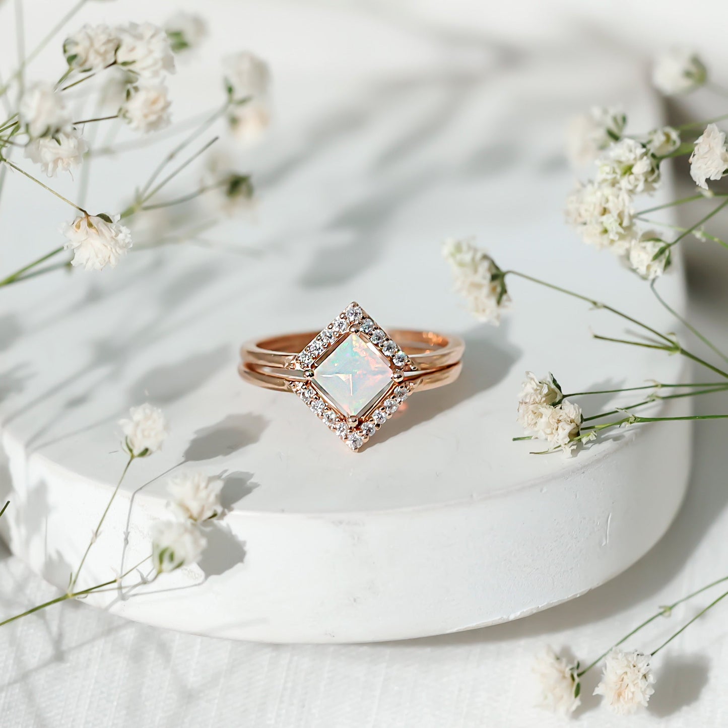 Natural Princess Cut Ethiopian Opal Engagement Ring with Diamond Enhancer