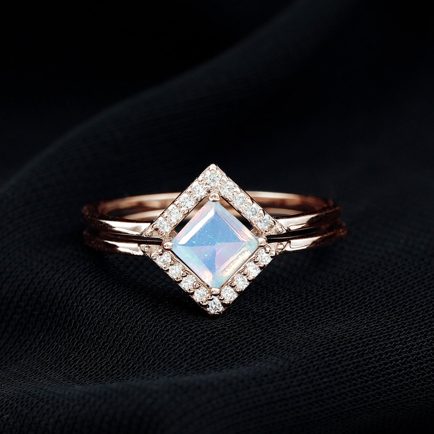 Natural Princess Cut Ethiopian Opal Engagement Ring with Diamond Enhancer