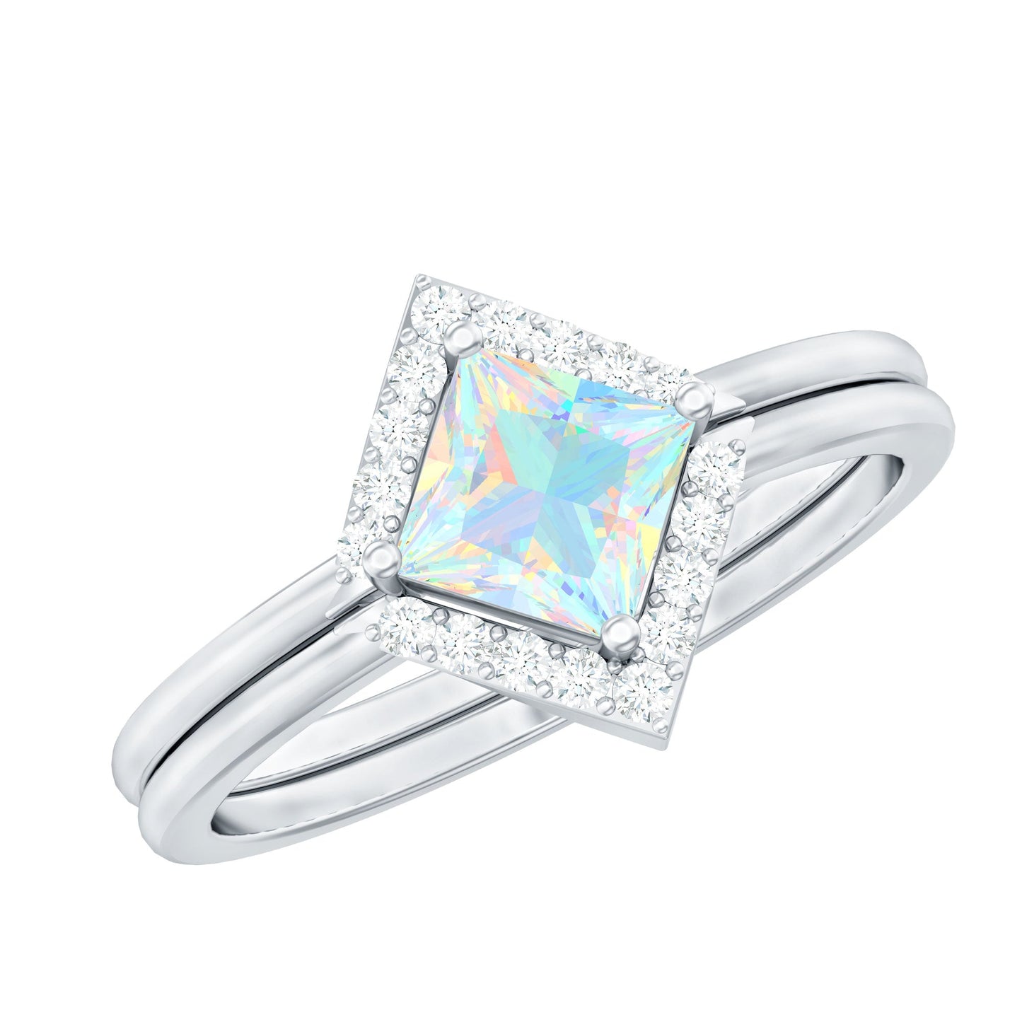 Natural Princess Cut Ethiopian Opal Engagement Ring with Diamond Enhancer