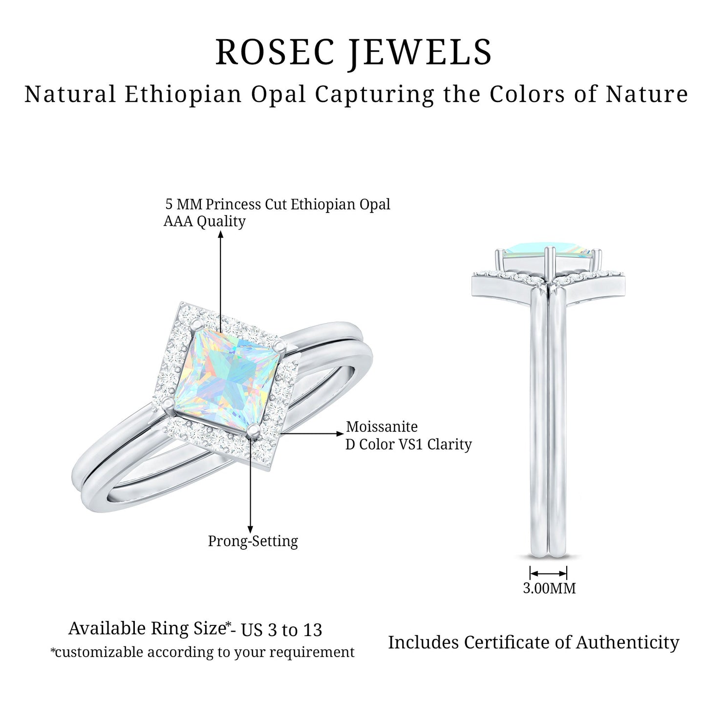 Natural Princess Cut Ethiopian Opal Engagement Ring with Diamond Enhancer