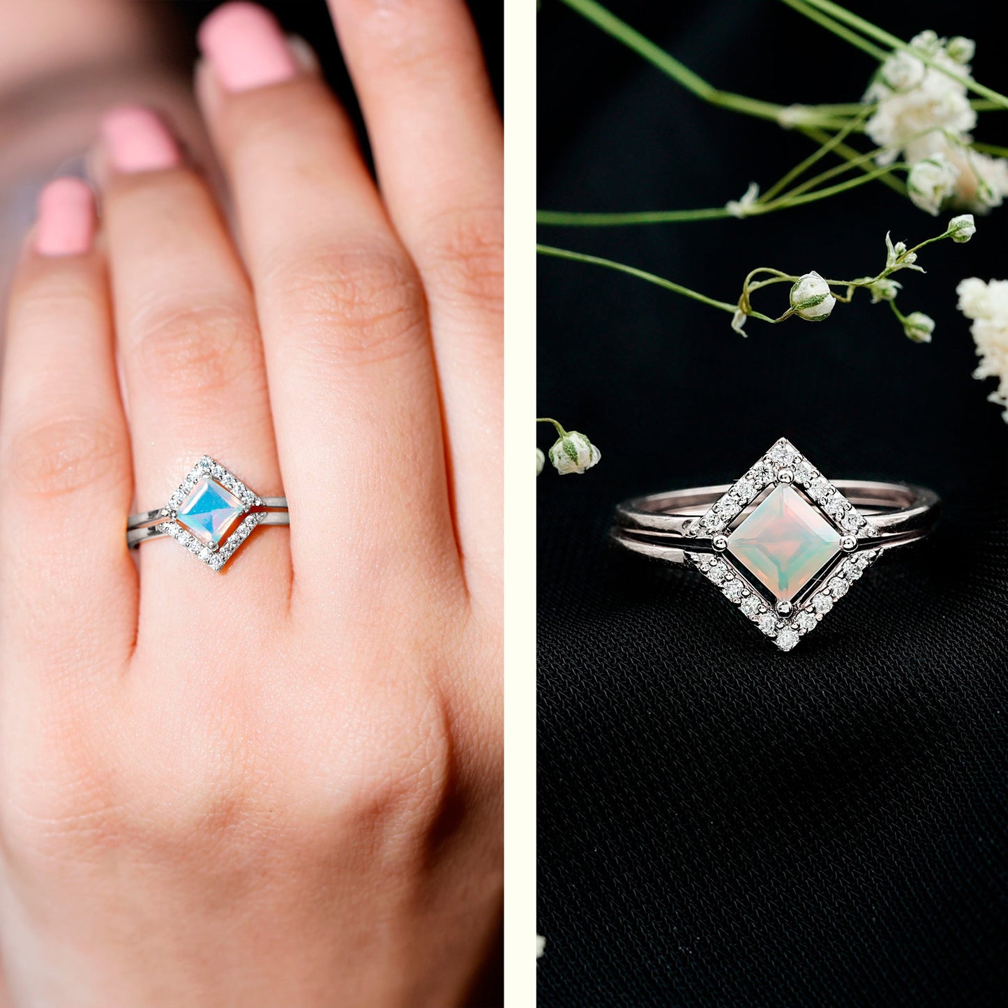 Natural Princess Cut Ethiopian Opal Engagement Ring with Diamond Enhancer