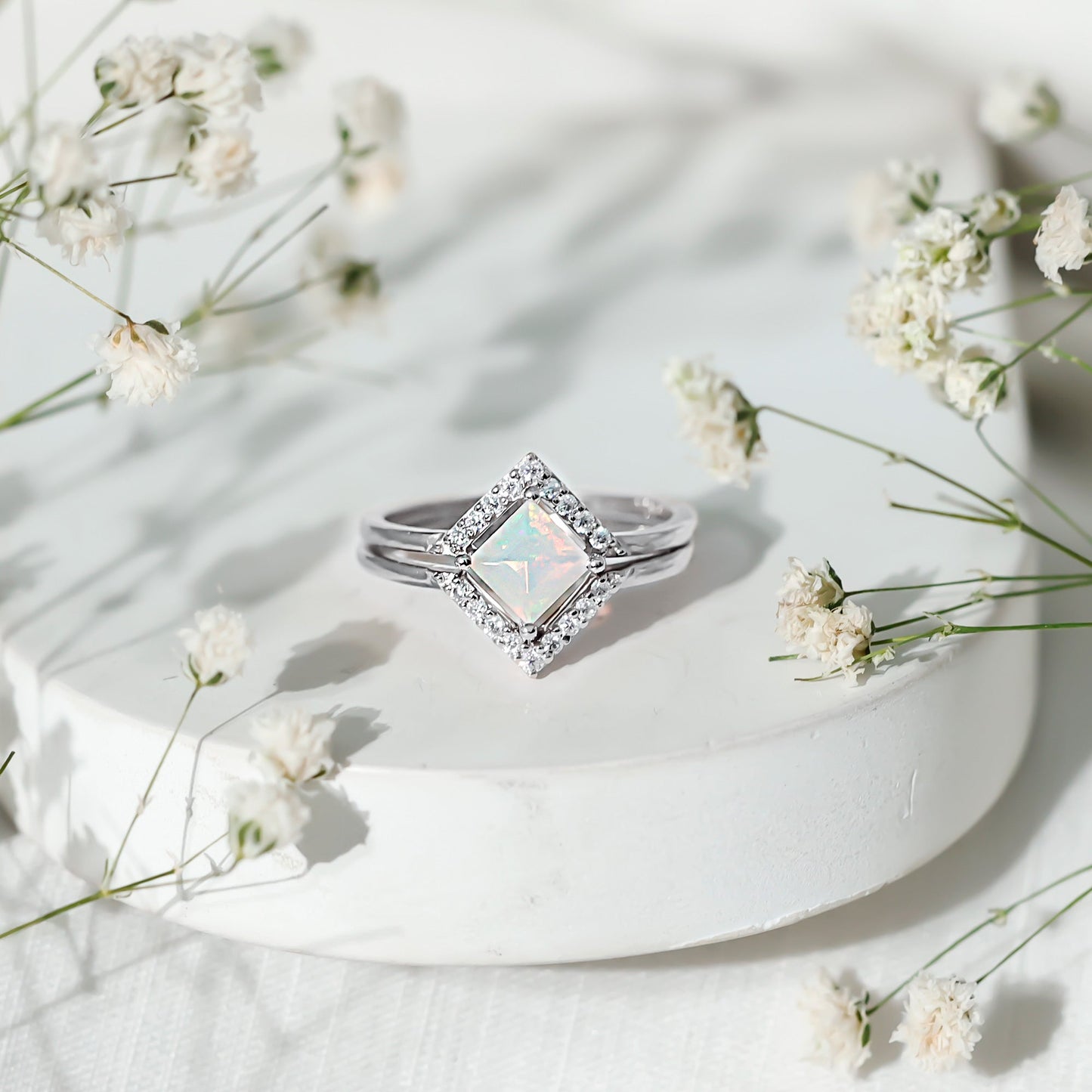 Natural Princess Cut Ethiopian Opal Engagement Ring with Diamond Enhancer