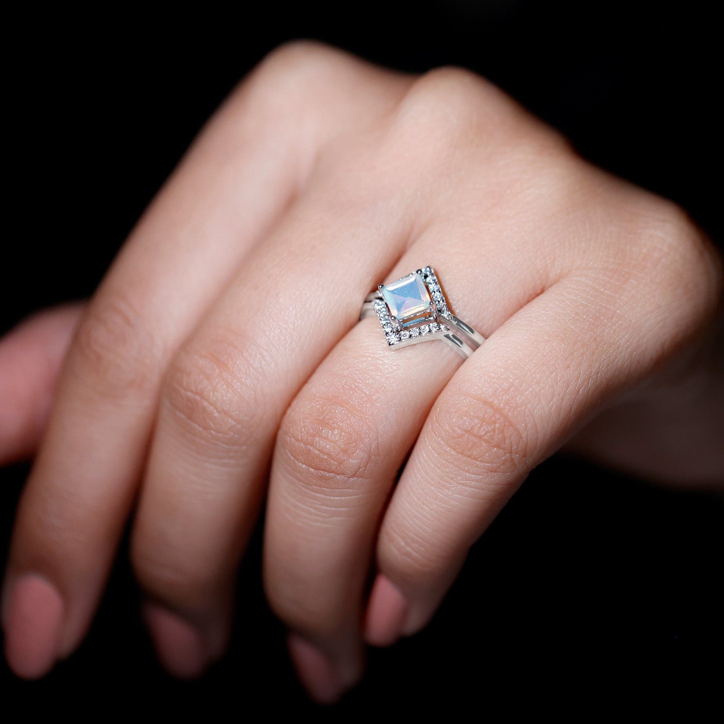 Natural Princess Cut Ethiopian Opal Engagement Ring with Diamond Enhancer