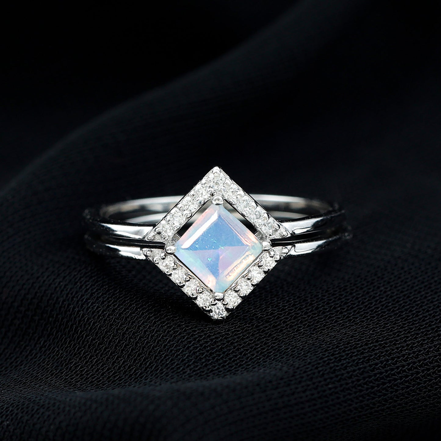 Natural Princess Cut Ethiopian Opal Engagement Ring with Diamond Enhancer