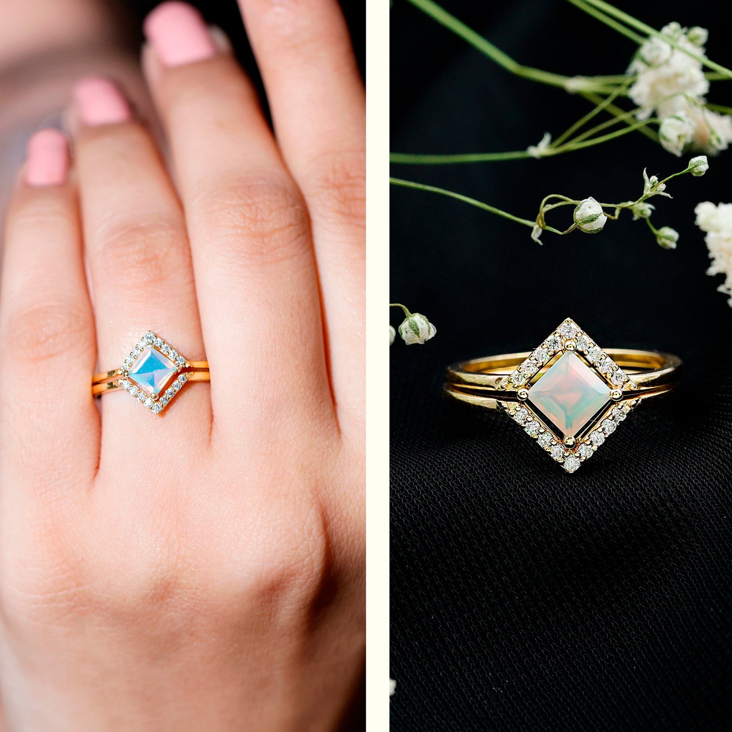 Natural Princess Cut Ethiopian Opal Engagement Ring with Diamond Enhancer