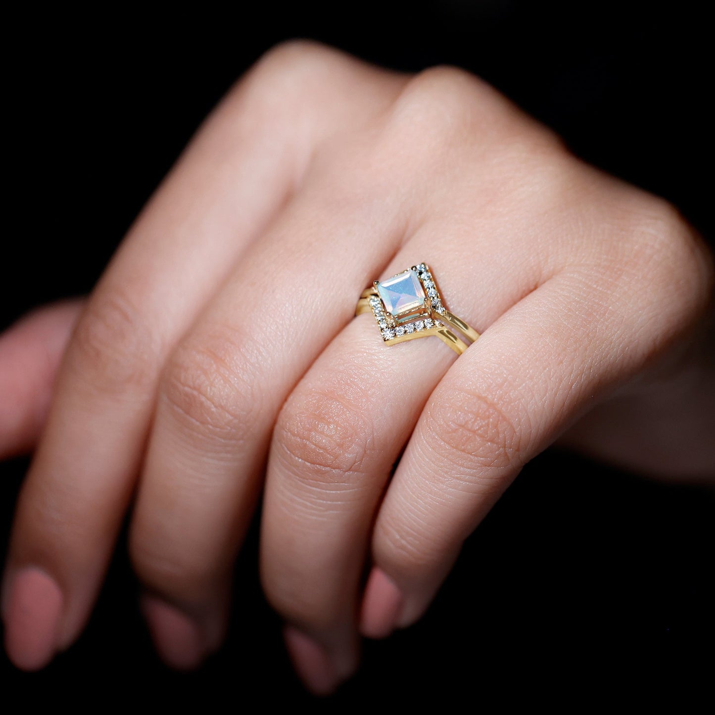 Natural Princess Cut Ethiopian Opal Engagement Ring with Diamond Enhancer