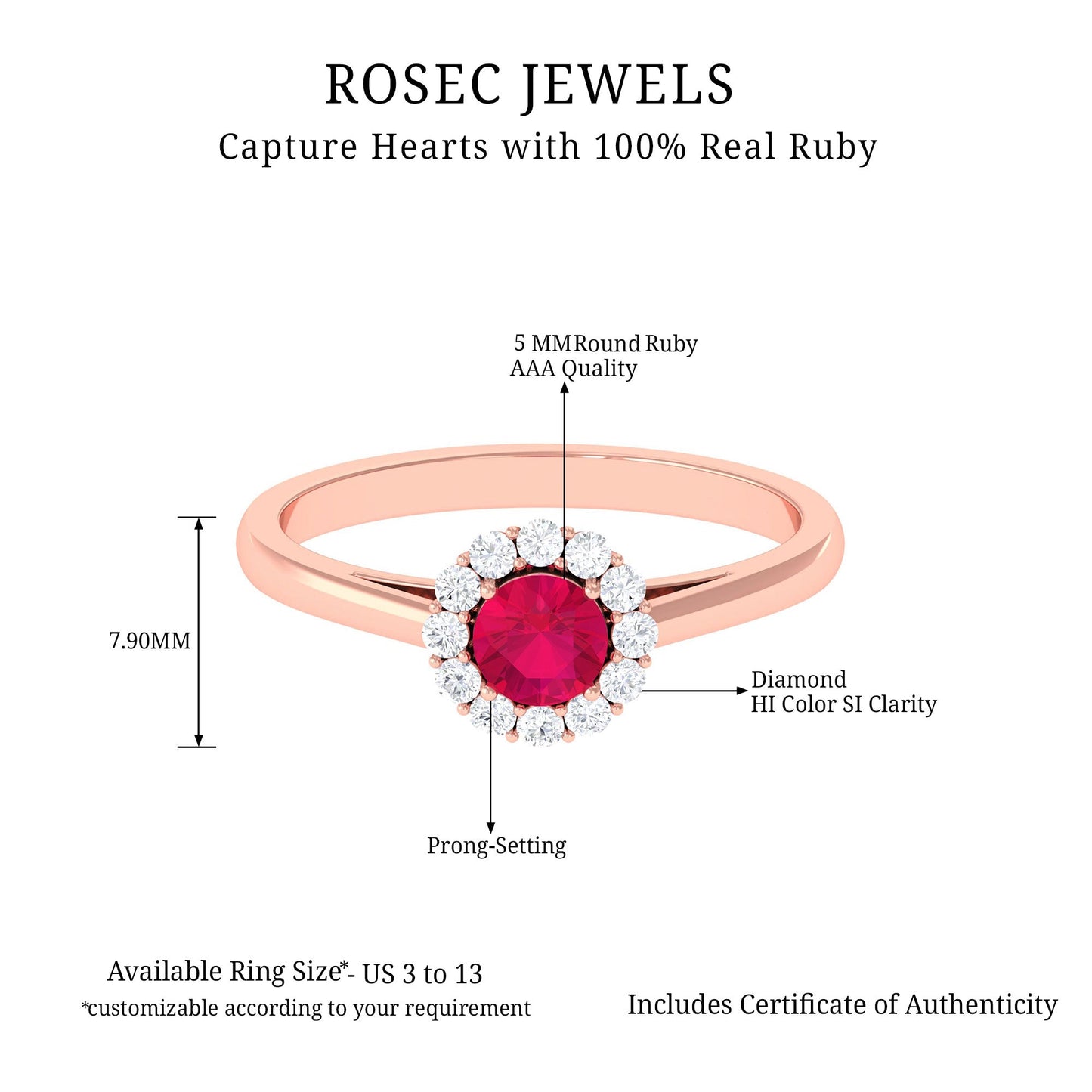 Natural 0.6 Carat Ruby Engagement Ring with Diamond Halo