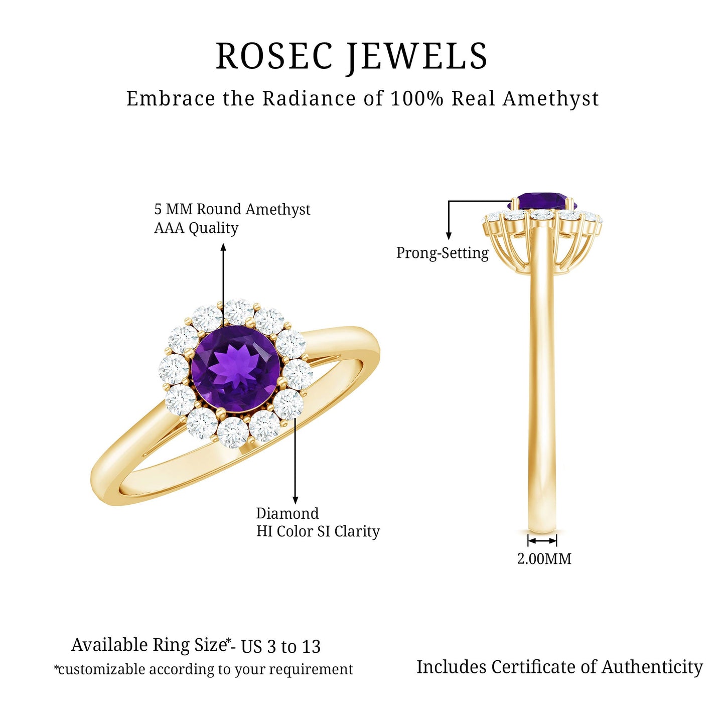 Natural Amethyst Engagement Ring with Diamond Halo for Women