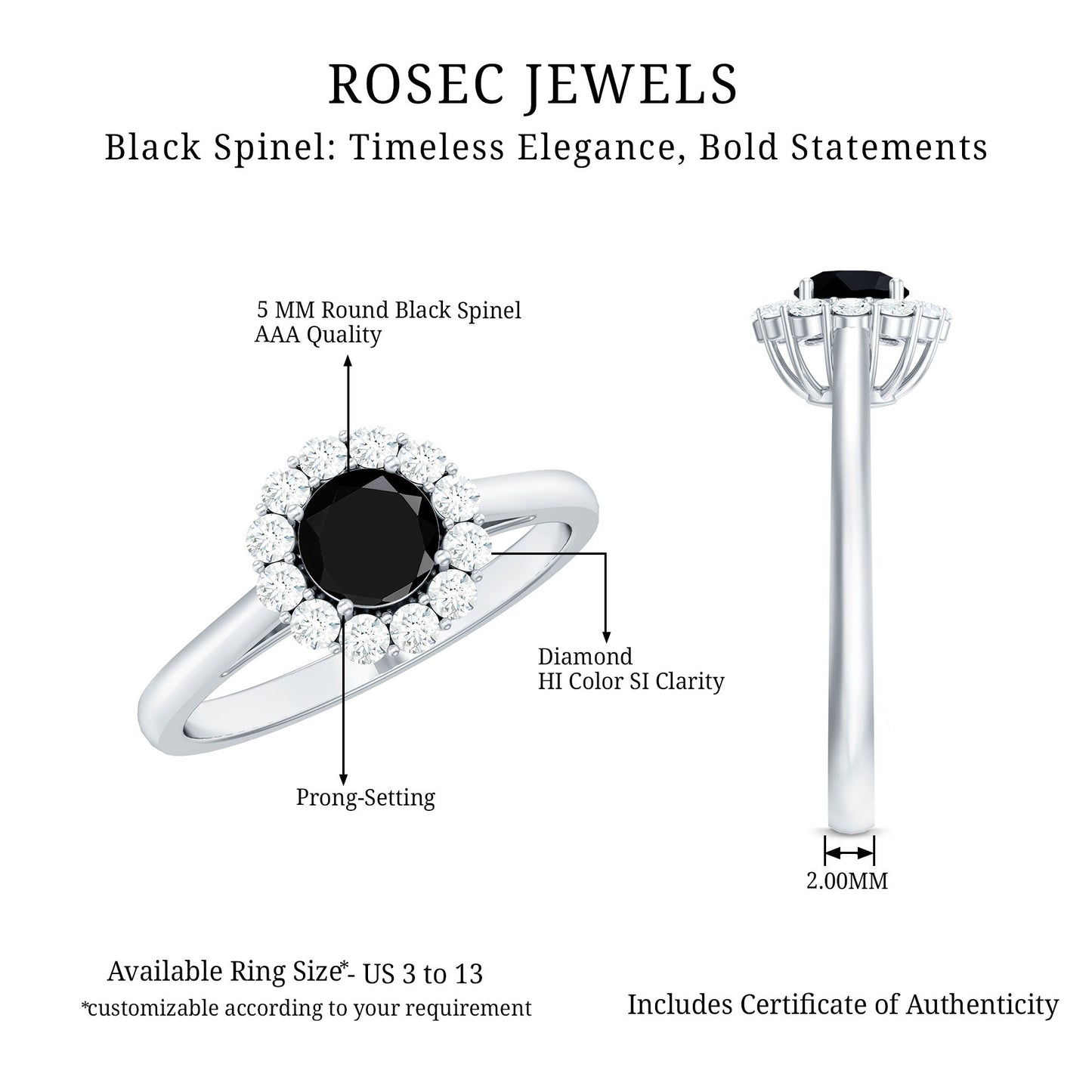 Minimalist Black Spinel Engagement Ring with Diamond Halo