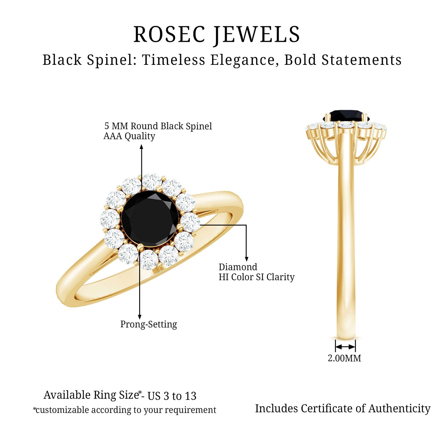 Minimalist Black Spinel Engagement Ring with Diamond Halo