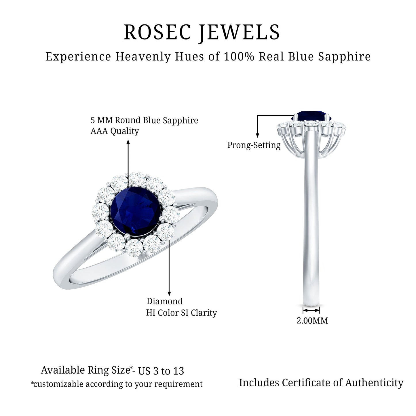 Genuine 0.9 Carat Blue Sapphire and Diamond Round Halo Engagement Ring