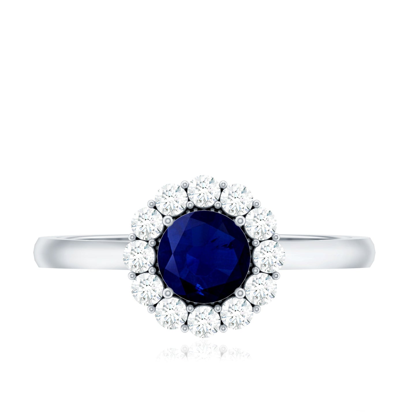 Genuine 0.9 Carat Blue Sapphire and Diamond Round Halo Engagement Ring