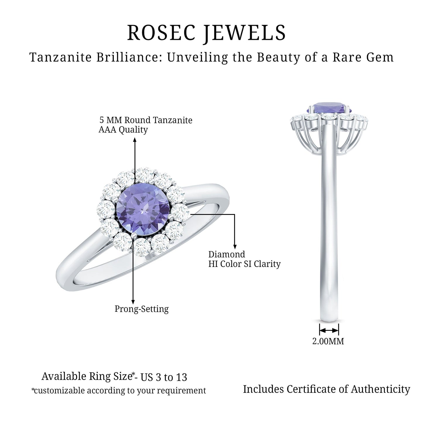Genuine Tanzanite Classic Engagement Ring with Diamond Halo