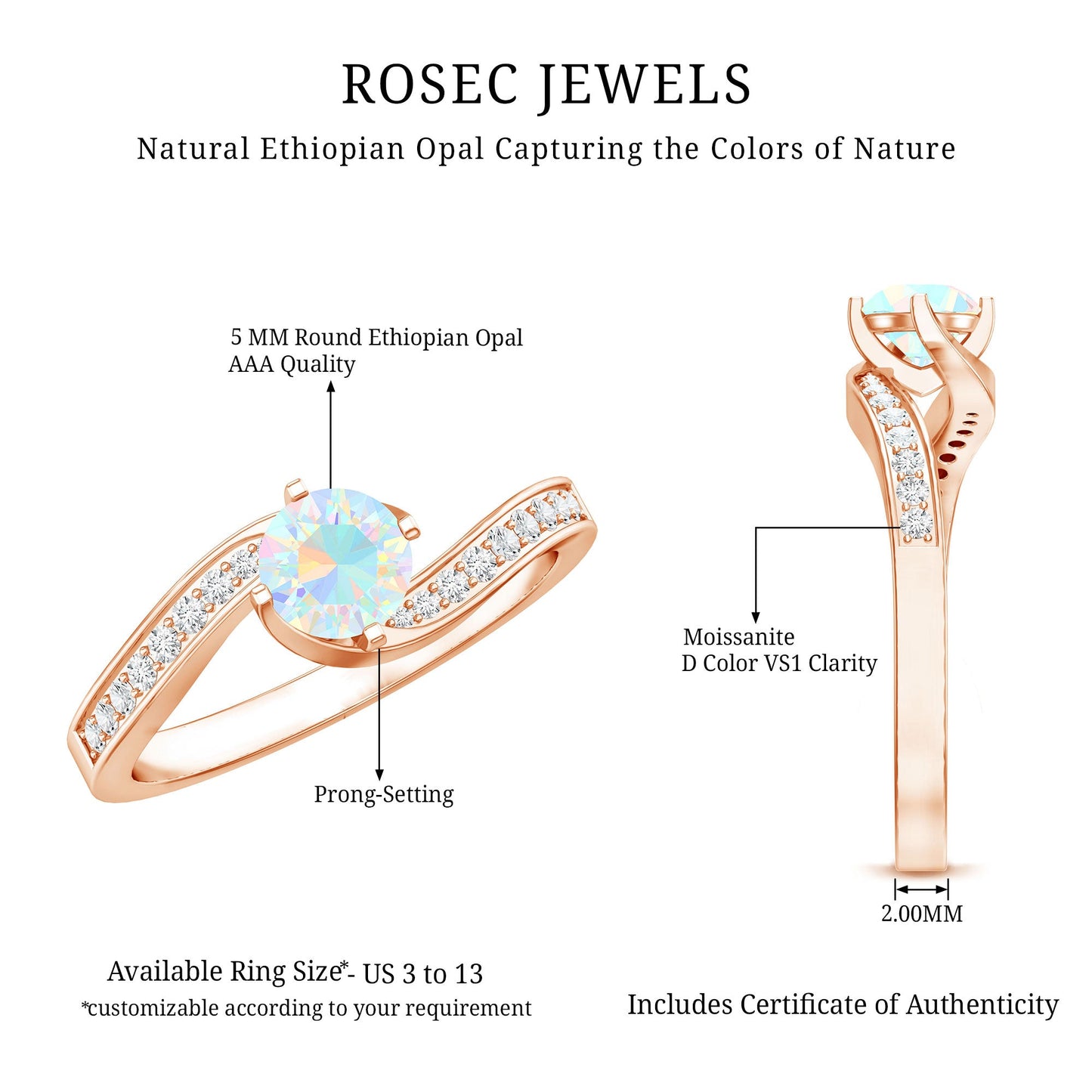 Natural Certified Ethiopian Opal Solitaire Promise Ring with Bypass Shank