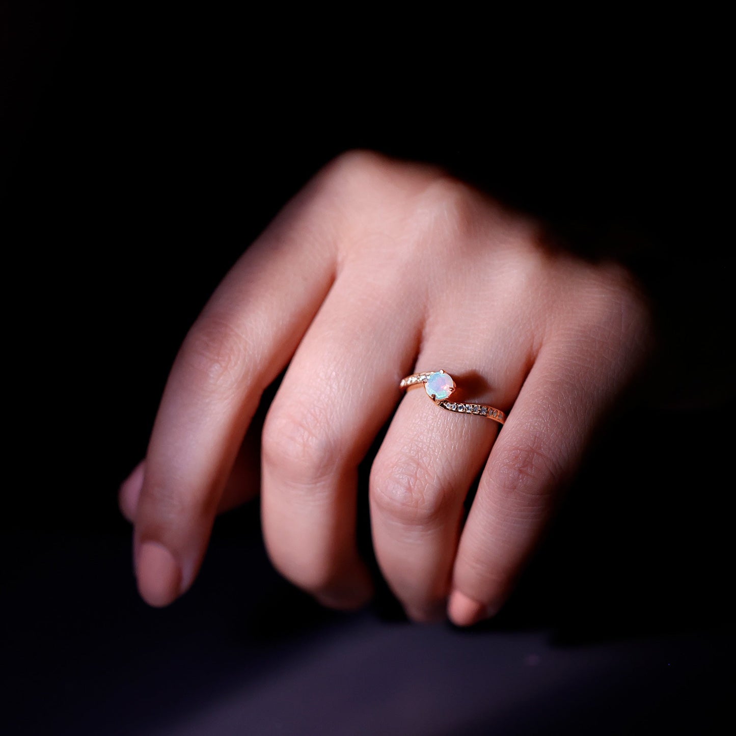 Natural Certified Ethiopian Opal Solitaire Promise Ring with Bypass Shank
