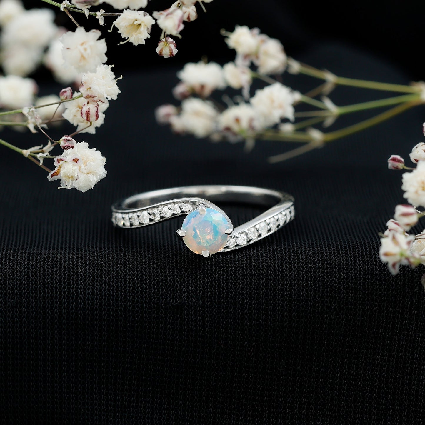 Natural Certified Ethiopian Opal Solitaire Promise Ring with Bypass Shank