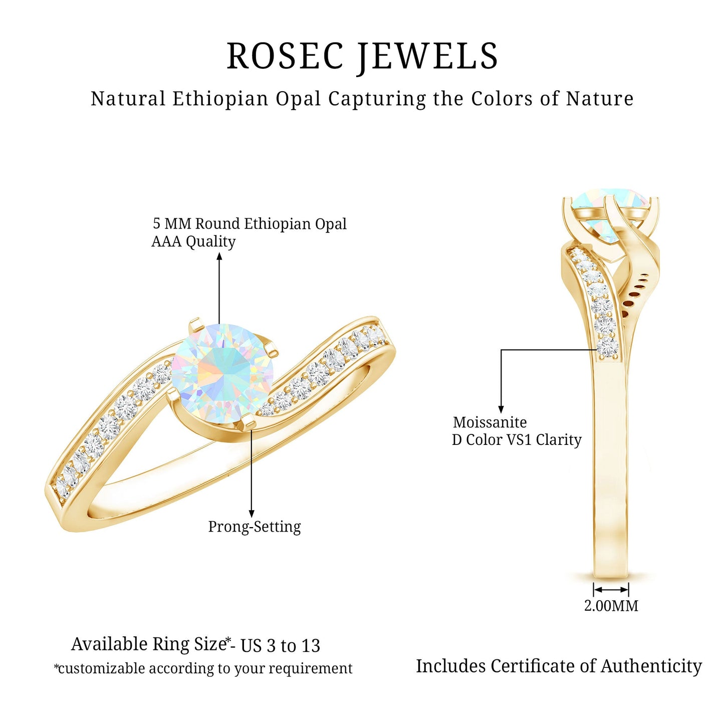Natural Certified Ethiopian Opal Solitaire Promise Ring with Bypass Shank