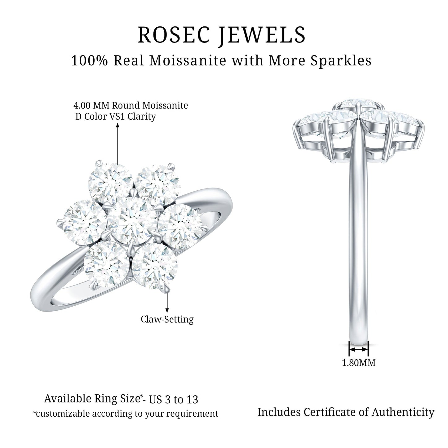 Certified Moissanite Beautiful Flower Engagement Ring