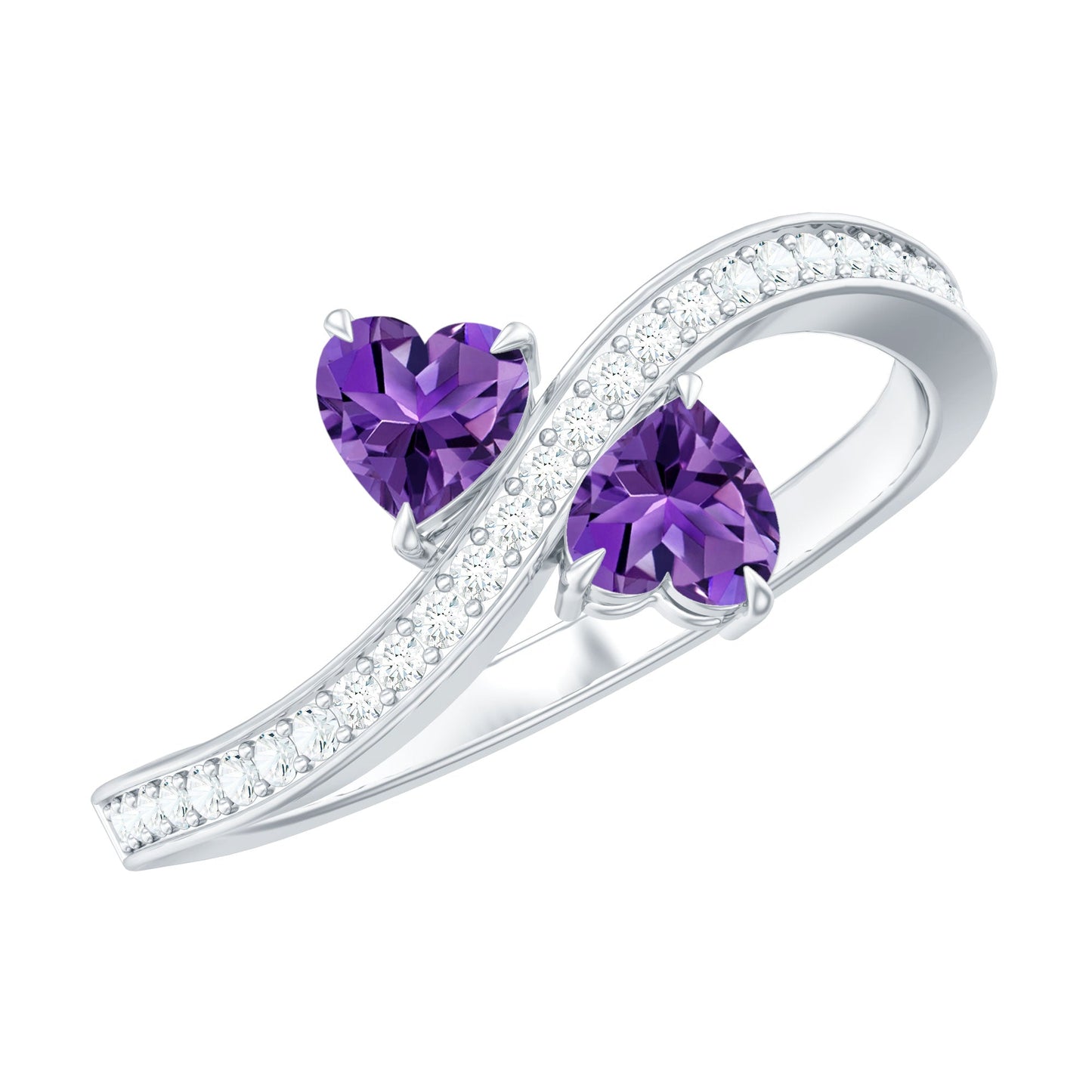 Natural Heart Shape Amethyst Toi Et Moi Engagement Ring with Diamond