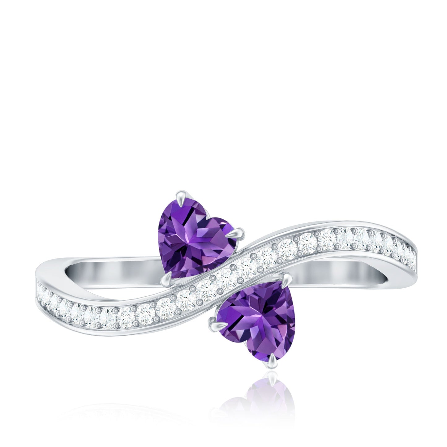 Natural Heart Shape Amethyst Toi Et Moi Engagement Ring with Diamond