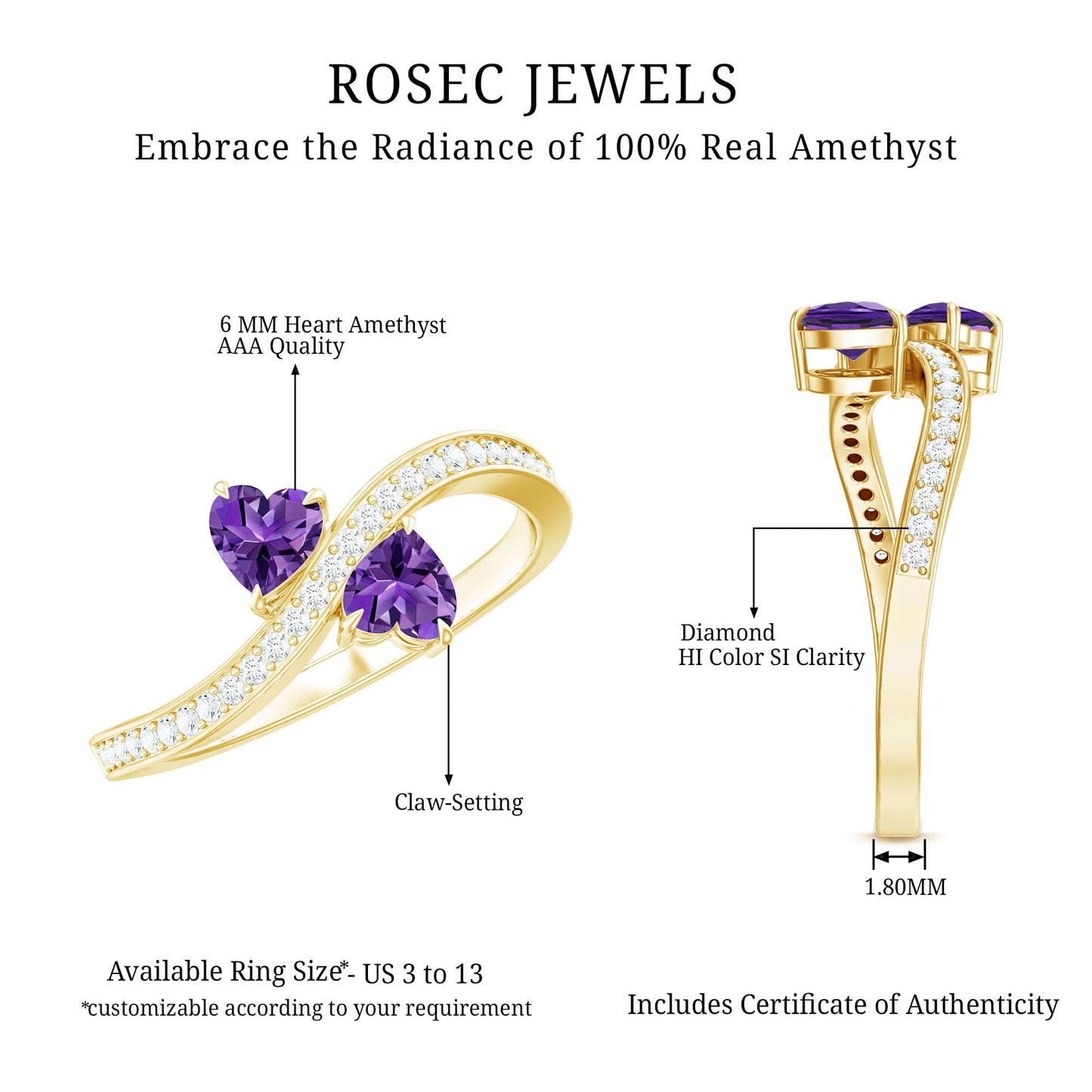 Natural Heart Shape Amethyst Toi Et Moi Engagement Ring with Diamond