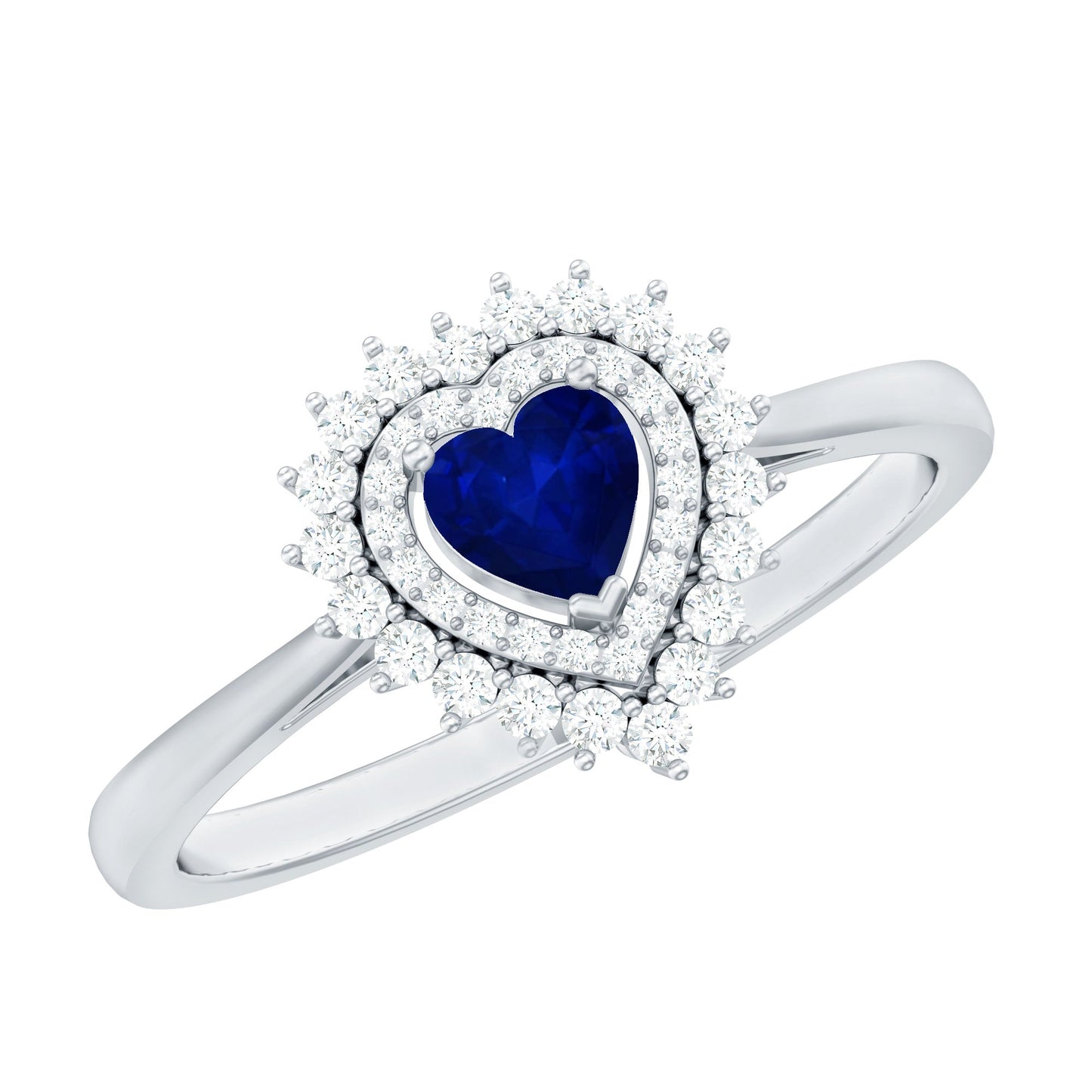 Real 0.6 Carat Heart Shaped Blue Sapphire and Diamond Double Halo Engagement Ring