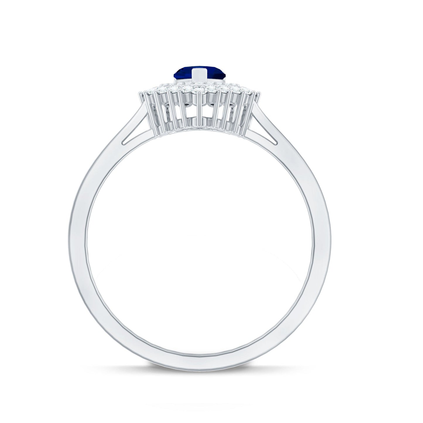 Real 0.6 Carat Heart Shaped Blue Sapphire and Diamond Double Halo Engagement Ring
