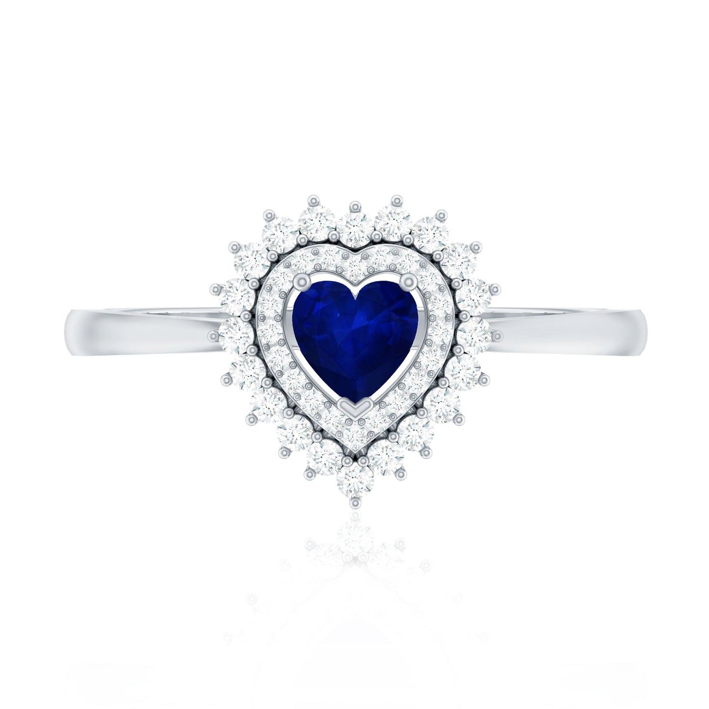 Real 0.6 Carat Heart Shaped Blue Sapphire and Diamond Double Halo Engagement Ring