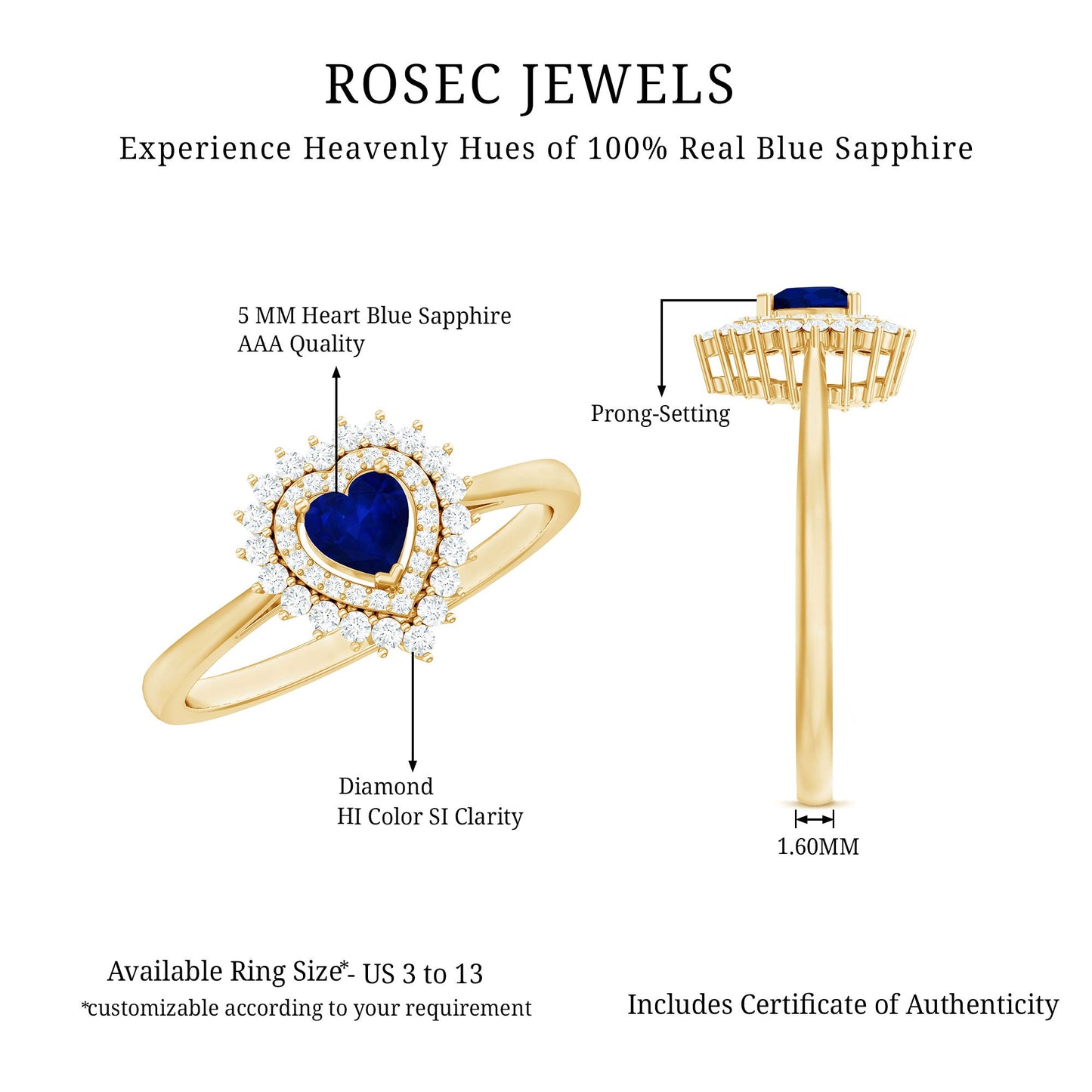 Real 0.6 Carat Heart Shaped Blue Sapphire and Diamond Double Halo Engagement Ring