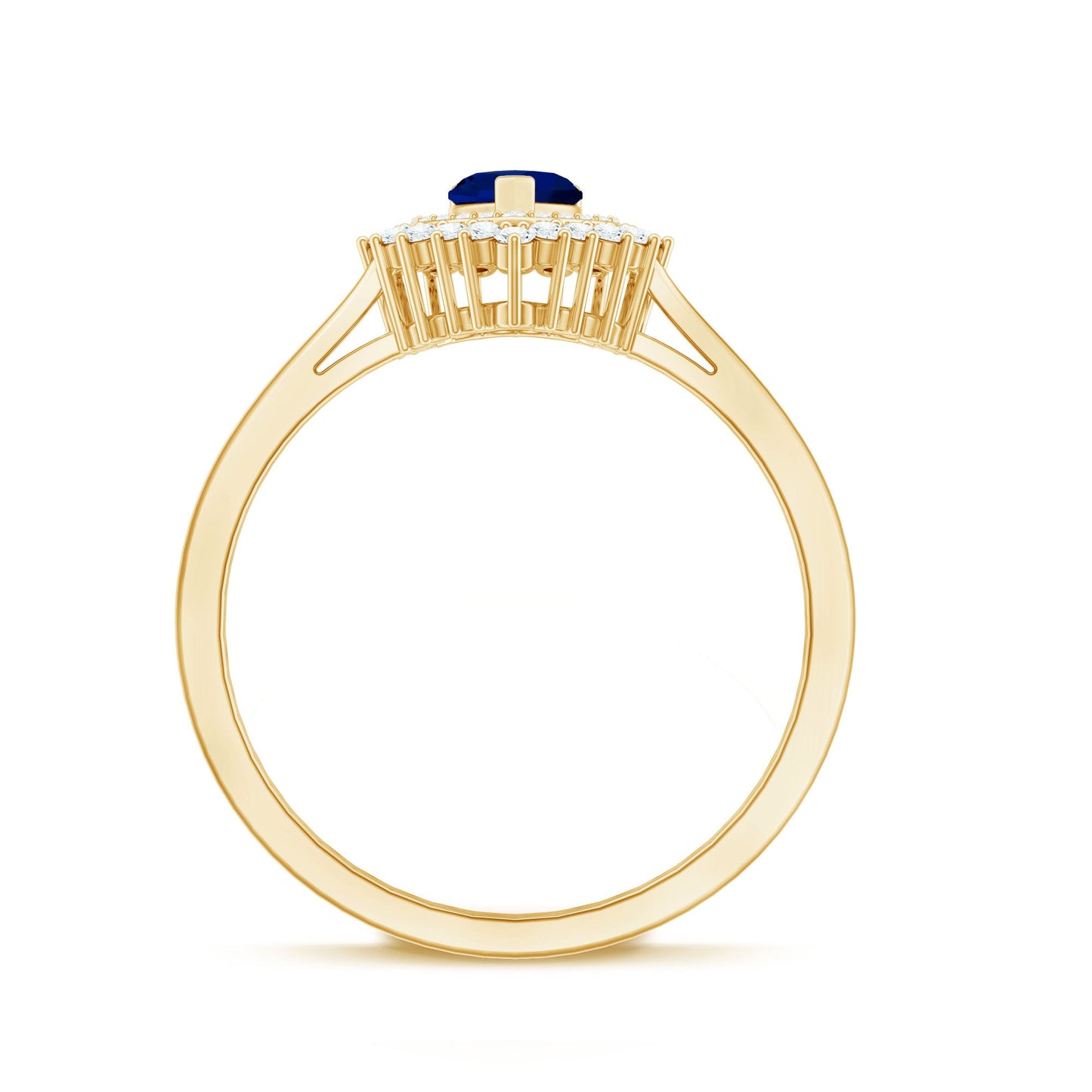 Real 0.6 Carat Heart Shaped Blue Sapphire and Diamond Double Halo Engagement Ring