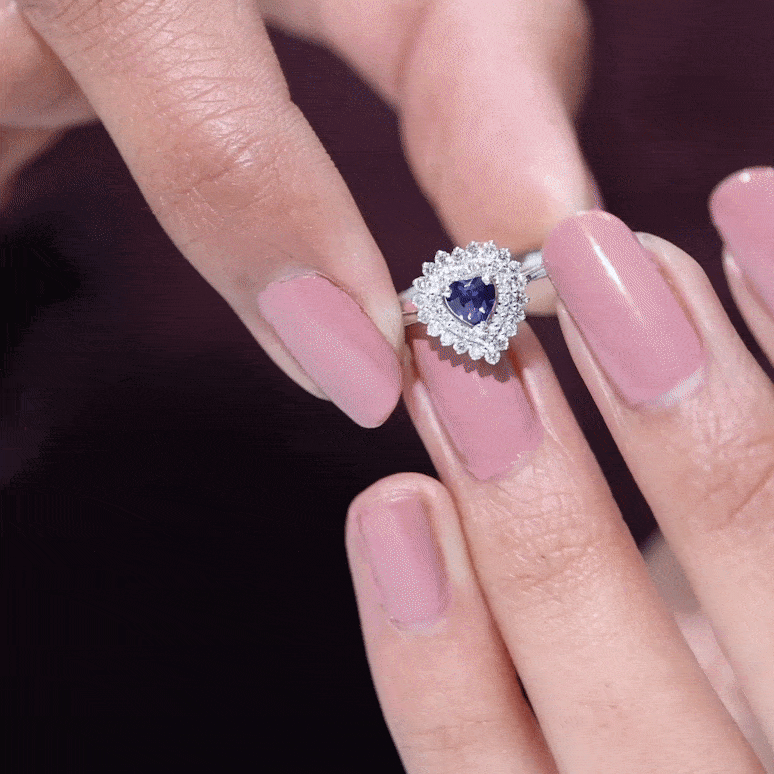 Certified Lab Grown Blue Sapphire Heart Engagement Ring with Diamond Double Halo