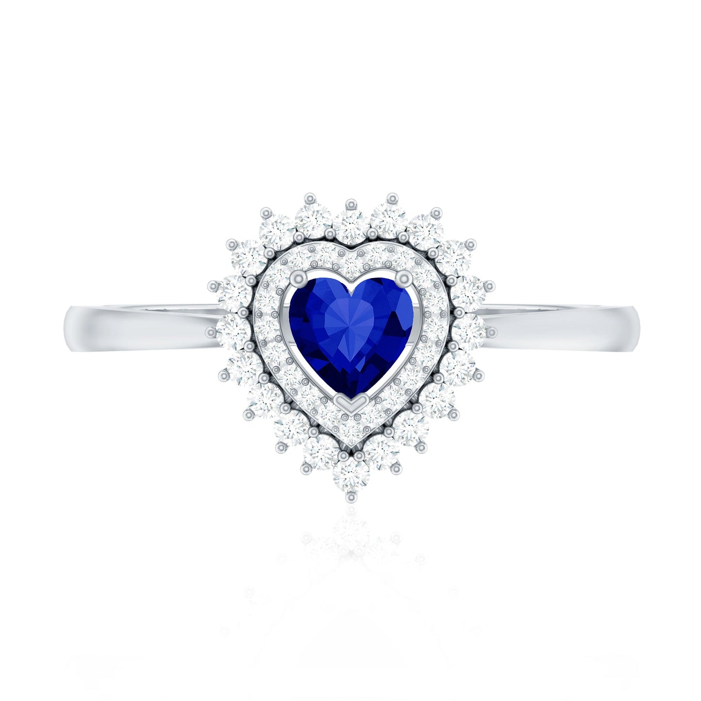 Certified Lab Grown Blue Sapphire Heart Engagement Ring with Diamond Double Halo