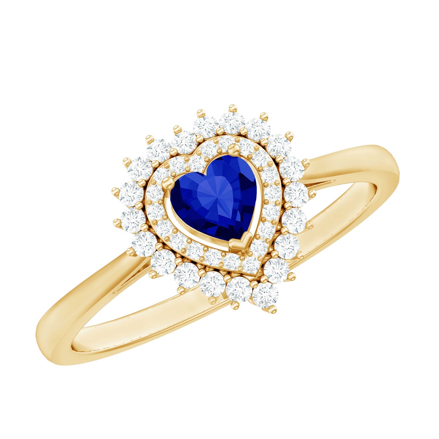 Certified Lab Grown Blue Sapphire Heart Engagement Ring with Diamond Double Halo