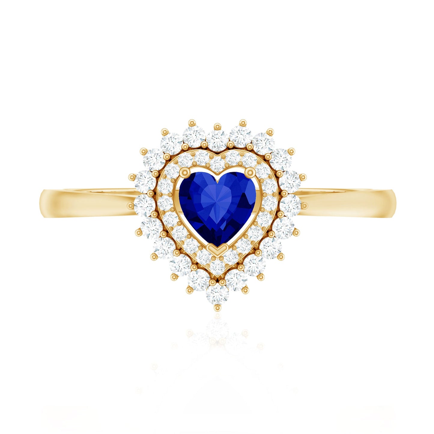 Certified Lab Grown Blue Sapphire Heart Engagement Ring with Diamond Double Halo