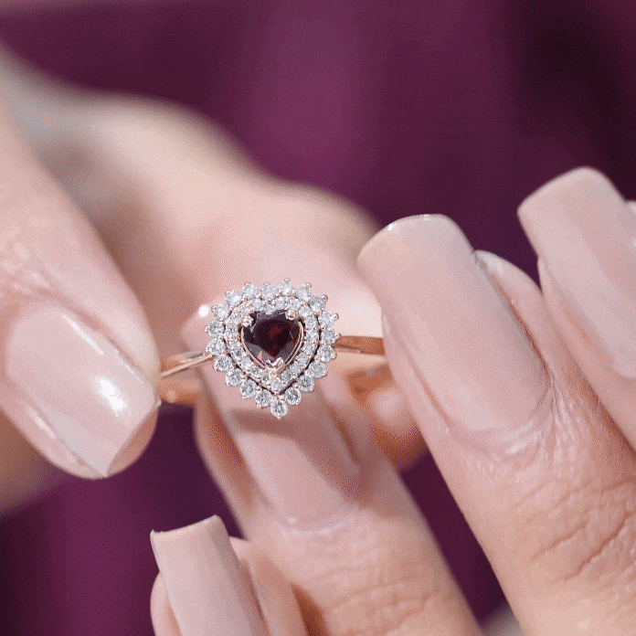 Real Garnet Heart Shaped Engagement Ring with Diamond Double Halo