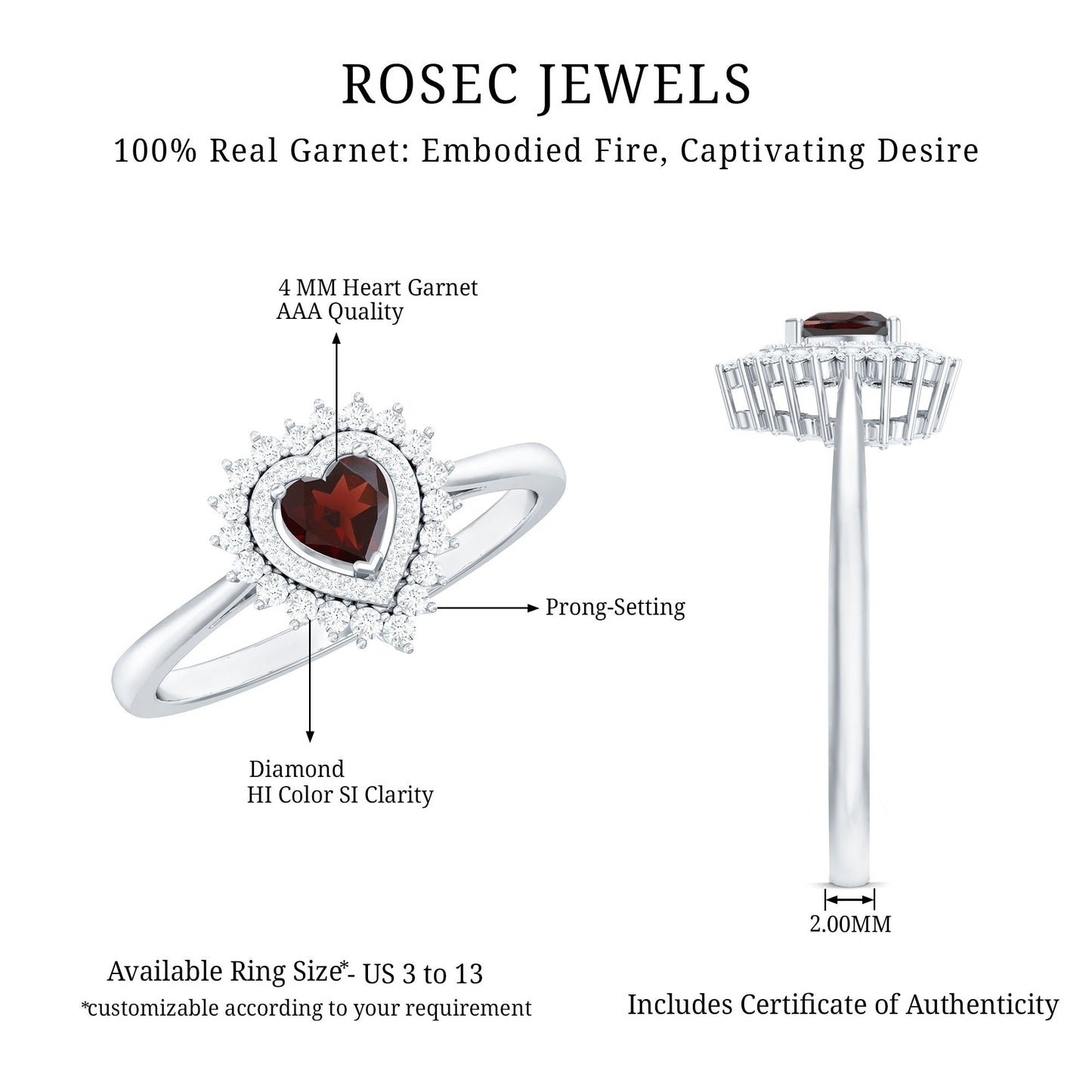 Real Garnet Heart Shaped Engagement Ring with Diamond Double Halo