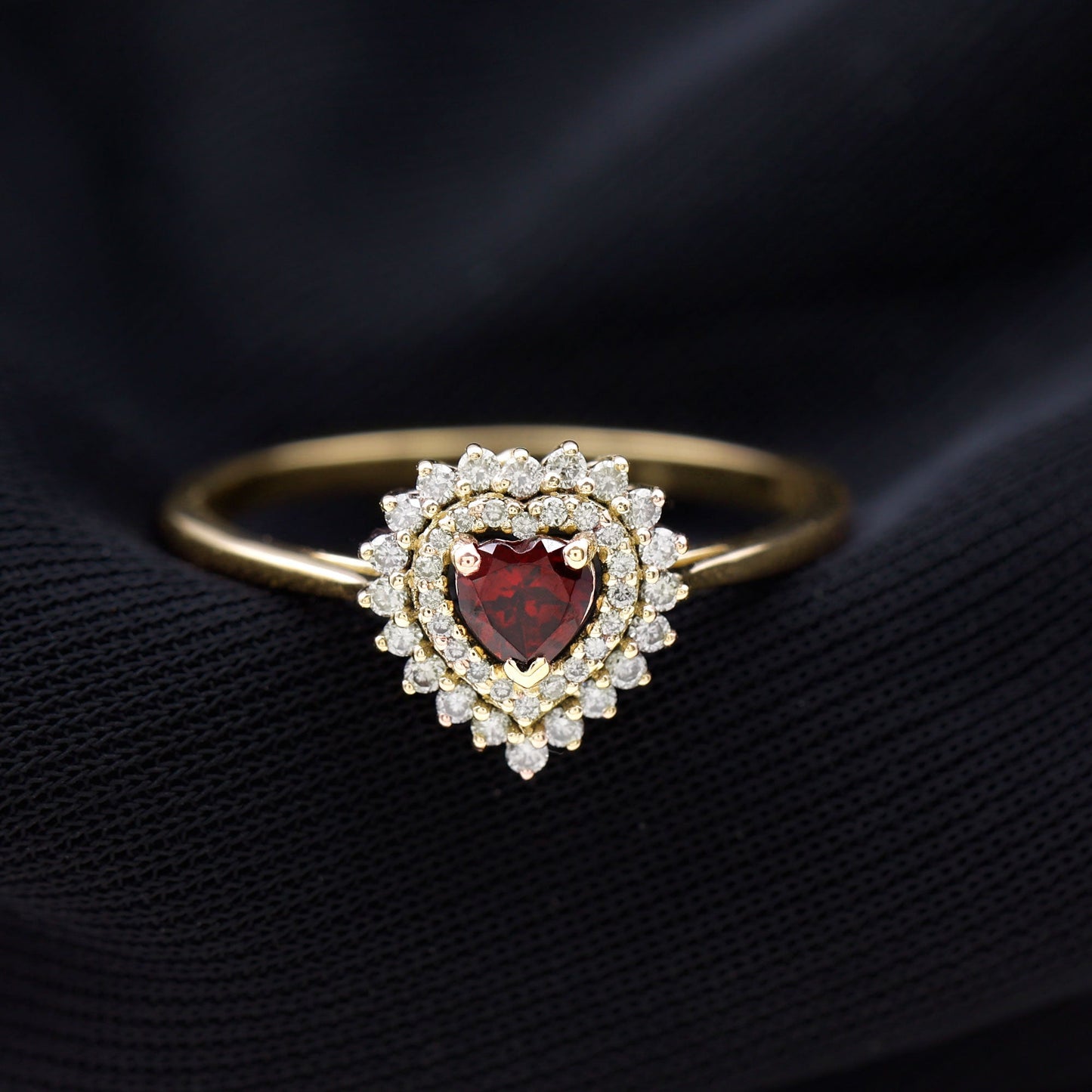 Real Garnet Heart Shaped Engagement Ring with Diamond Double Halo