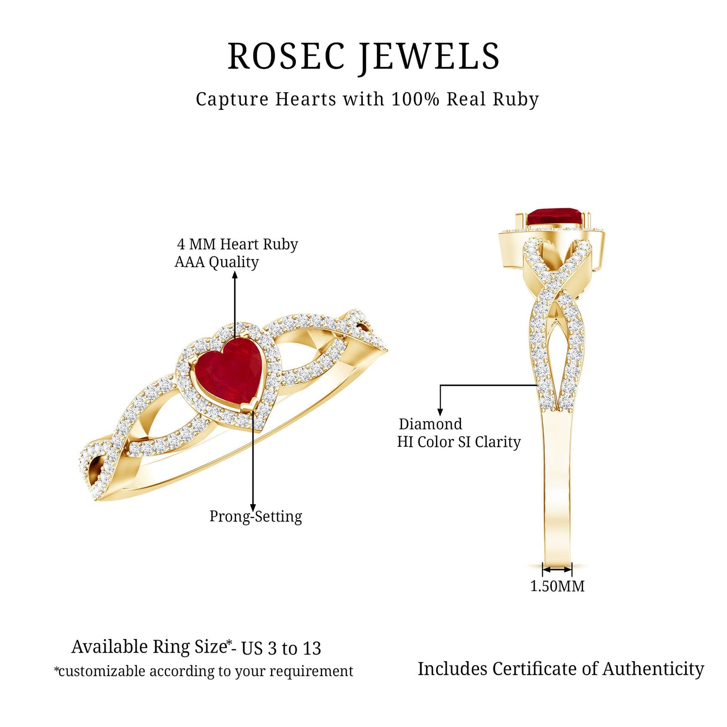 Natural Ruby Heart Promise Ring with Diamond Crossover Shank