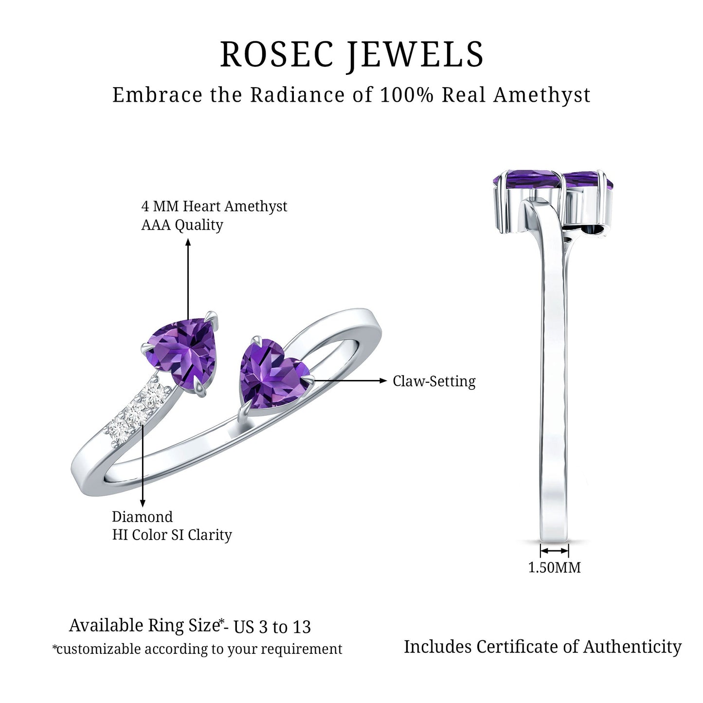 Natural Amethyst 2 Stone Heart Promise Ring with Diamond