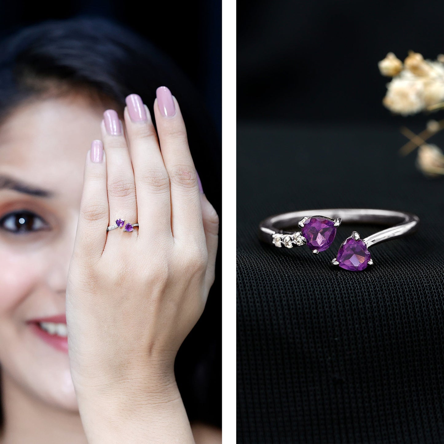 Natural Amethyst 2 Stone Heart Promise Ring with Diamond