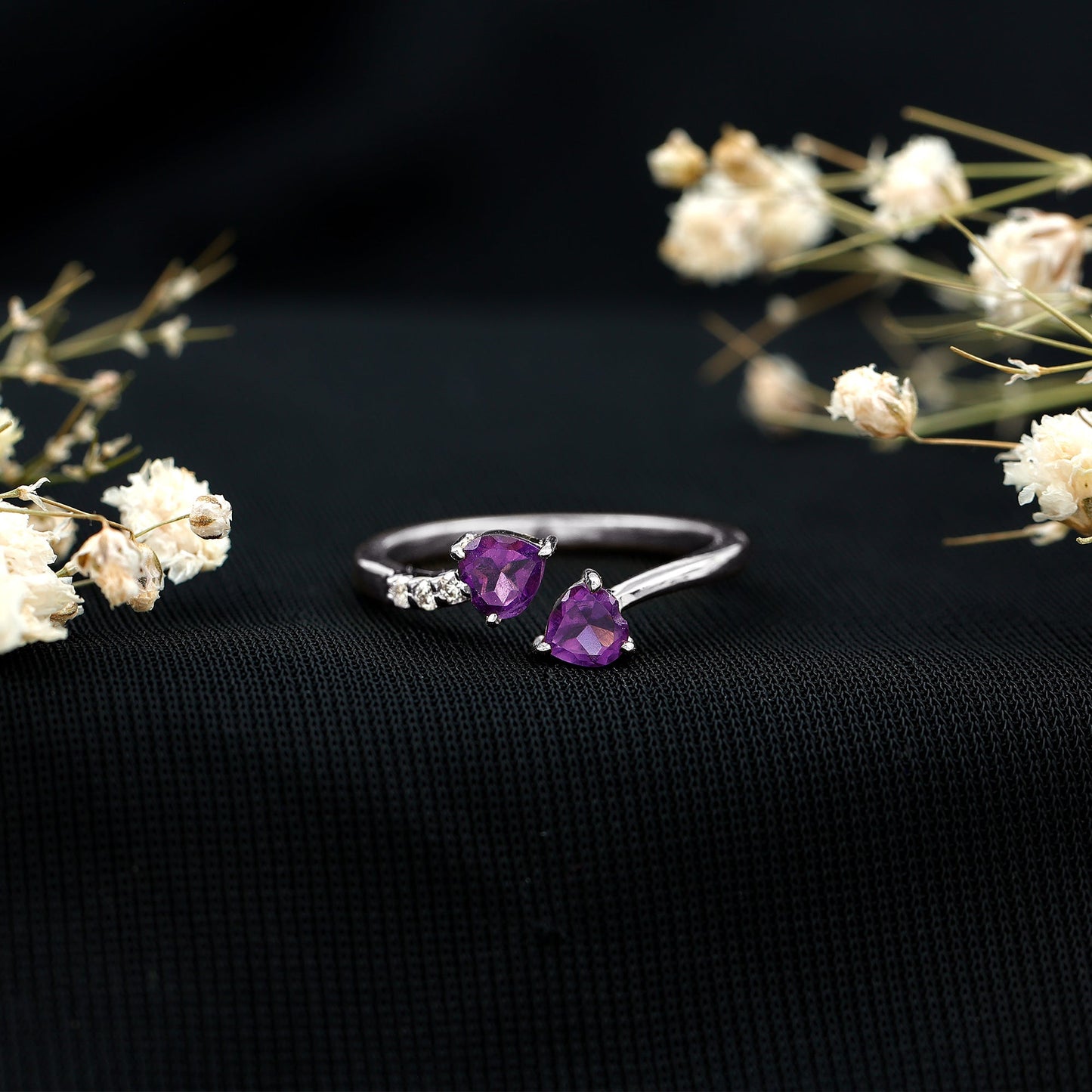 Natural Amethyst 2 Stone Heart Promise Ring with Diamond