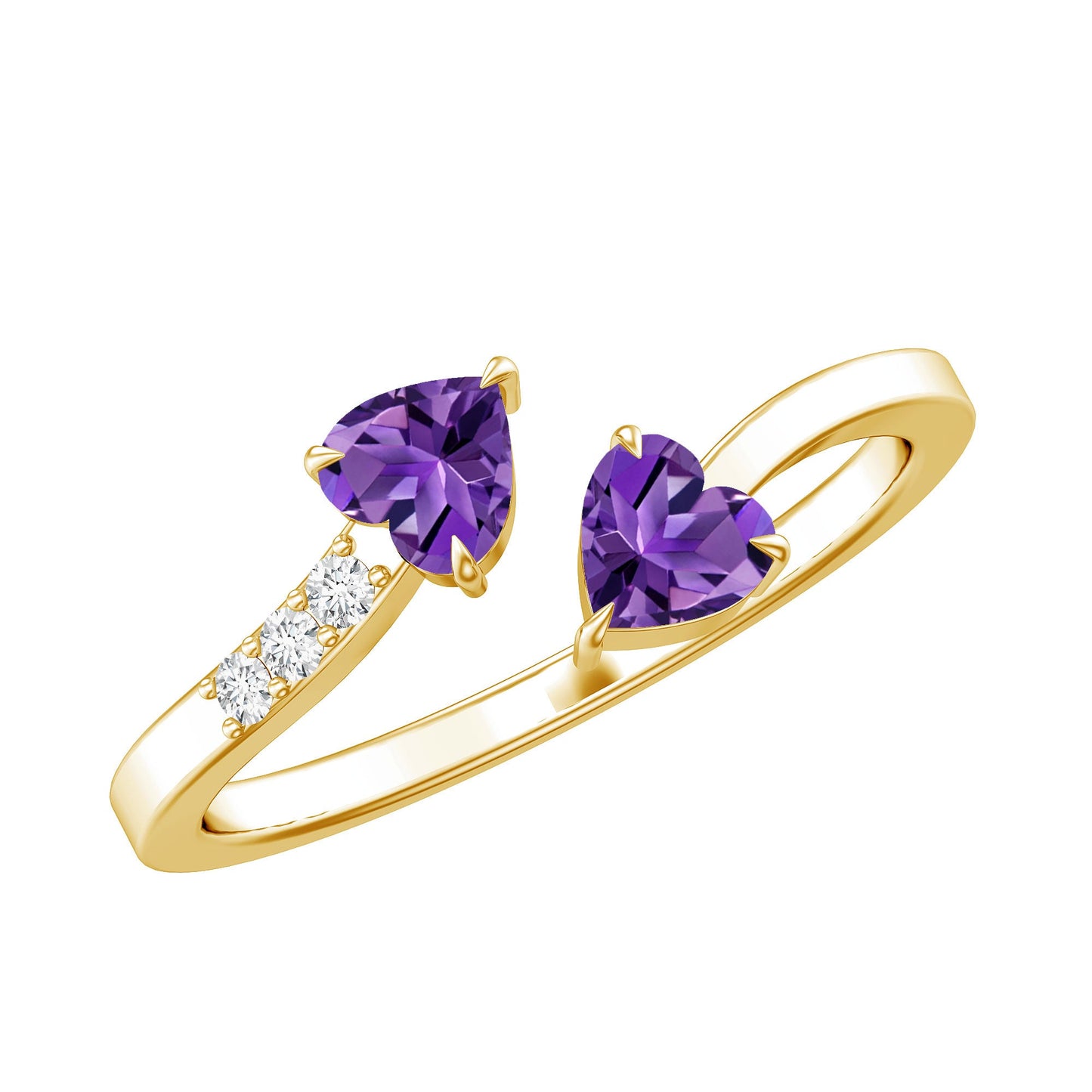 Natural Amethyst 2 Stone Heart Promise Ring with Diamond