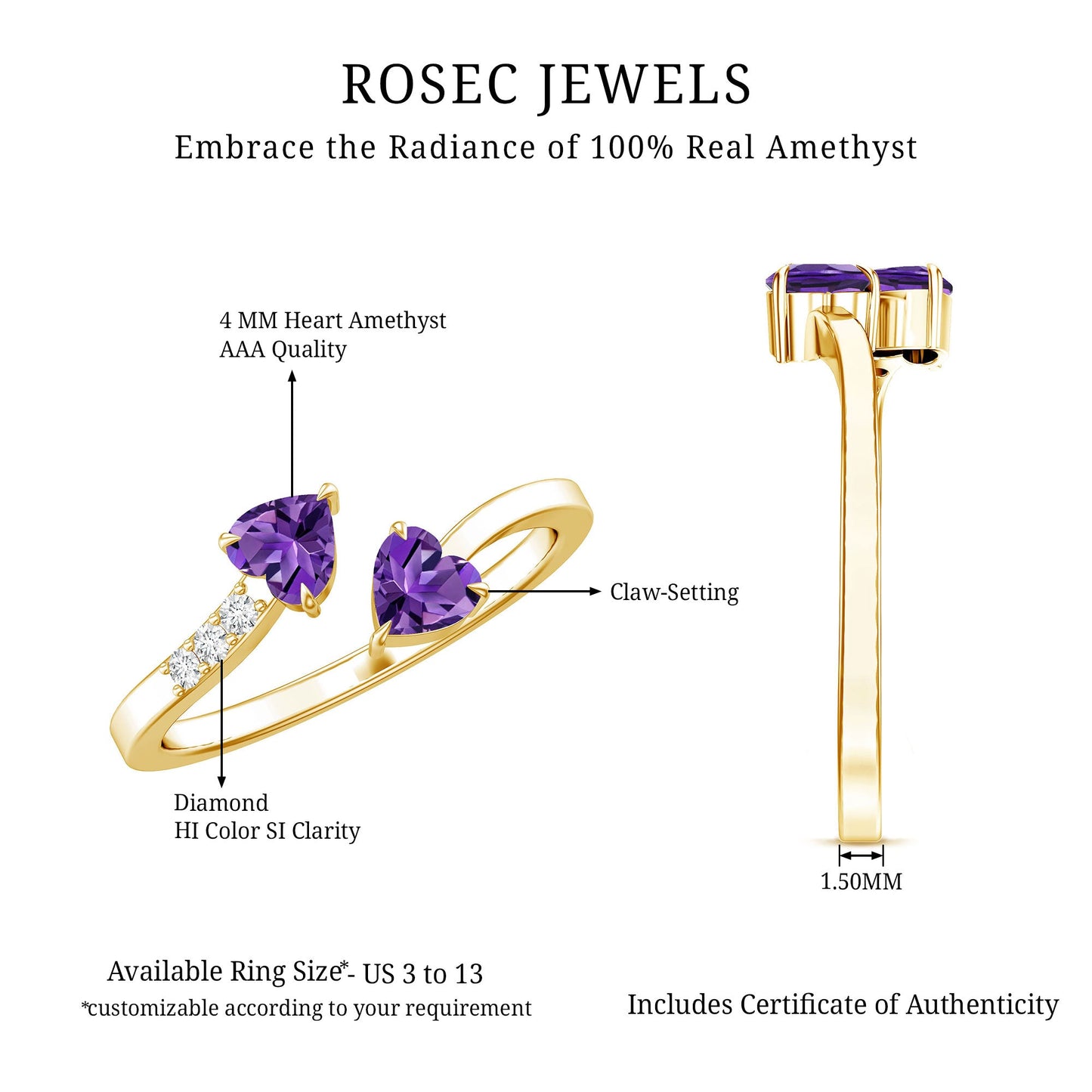 Natural Amethyst 2 Stone Heart Promise Ring with Diamond