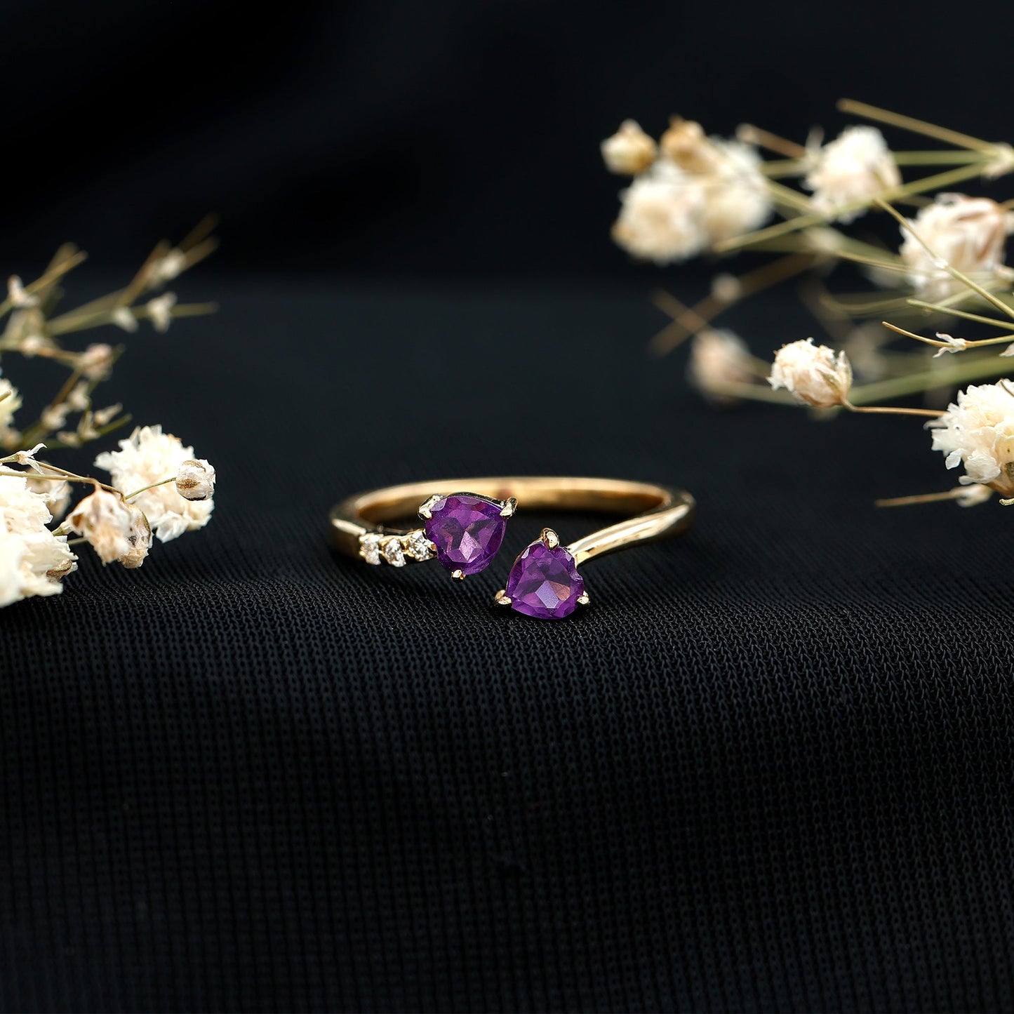 Natural Amethyst 2 Stone Heart Promise Ring with Diamond