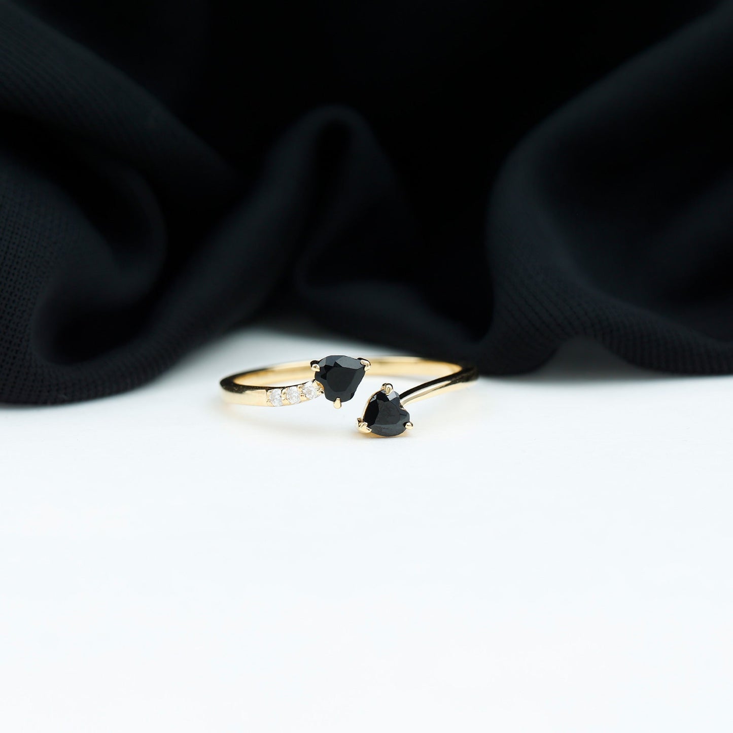 Genuine Black Onyx Double Heart Promise Ring with Diamond